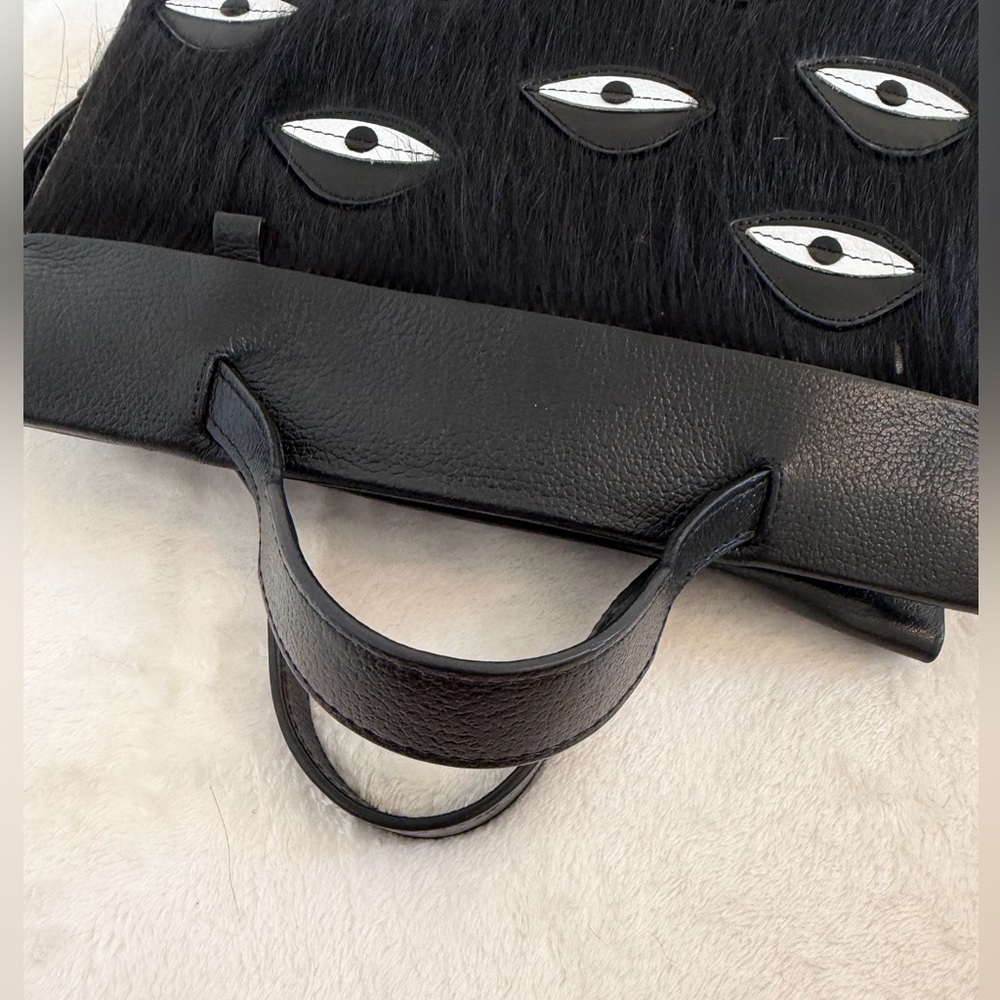 Min & Mon Vali Crossbody Small Black Leather Bag w/ black fur. “All Over Eyes” - Picture 10 of 16